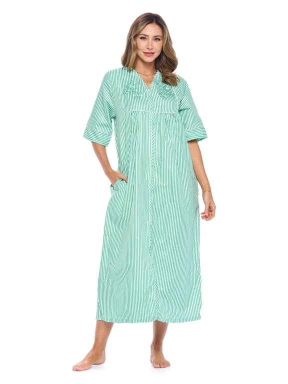 Women's Zip Front Seersucker House Dress 3/4 Sleeves Housecoat Long Duster Lounger