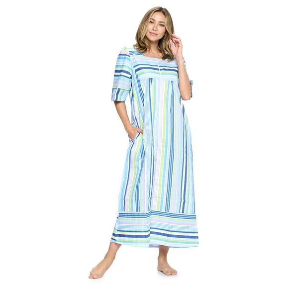 Casual Nights Women's Zip Front Woven House Dress 3/4 Sleeves Housecoat Long Duster Lounger