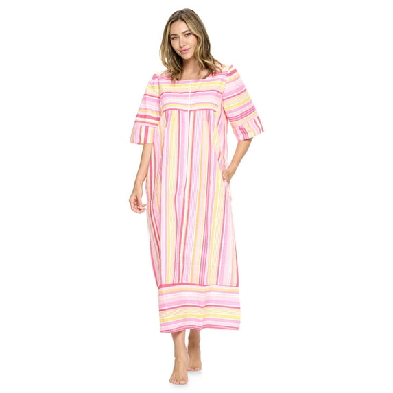 Casual Nights Women's Zip Front Woven House Dress 3/4 Sleeves Housecoat Long Duster Lounger