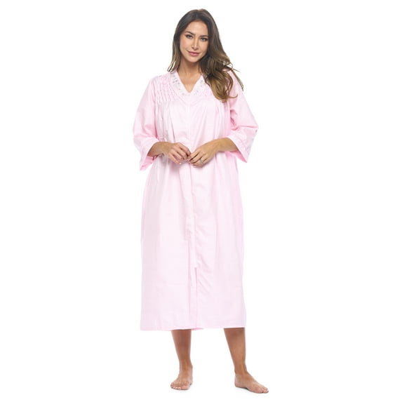 Casual Nights Women's Zip Front Woven House Dress | 3/4 Sleeves Housecoat Long Duster Lounger