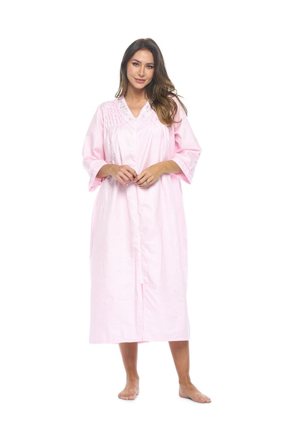 Women's Zip Front Woven House Dress | 3/4 Sleeves Housecoat Long Duster Lounger