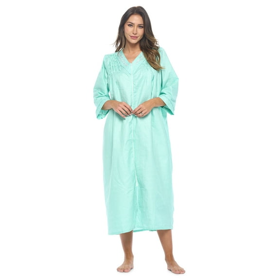 Casual Nights Women's Zip Front Woven House Dress | 3/4 Sleeves Housecoat Long Duster Lounger