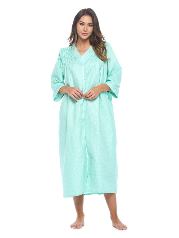 Women's Zip Front Woven House Dress | 3/4 Sleeves Housecoat Long Duster Lounger