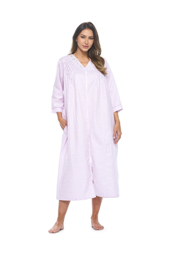 Women's Zip Front Woven House Dress | 3/4 Sleeves Housecoat Long Duster Lounger