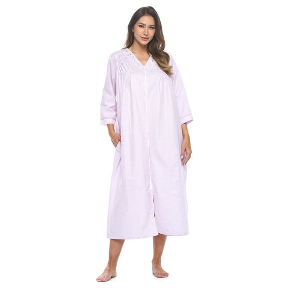 Casual Nights Women's Zip Front Woven House Dress | 3/4 Sleeves Housecoat Long Duster Lounger