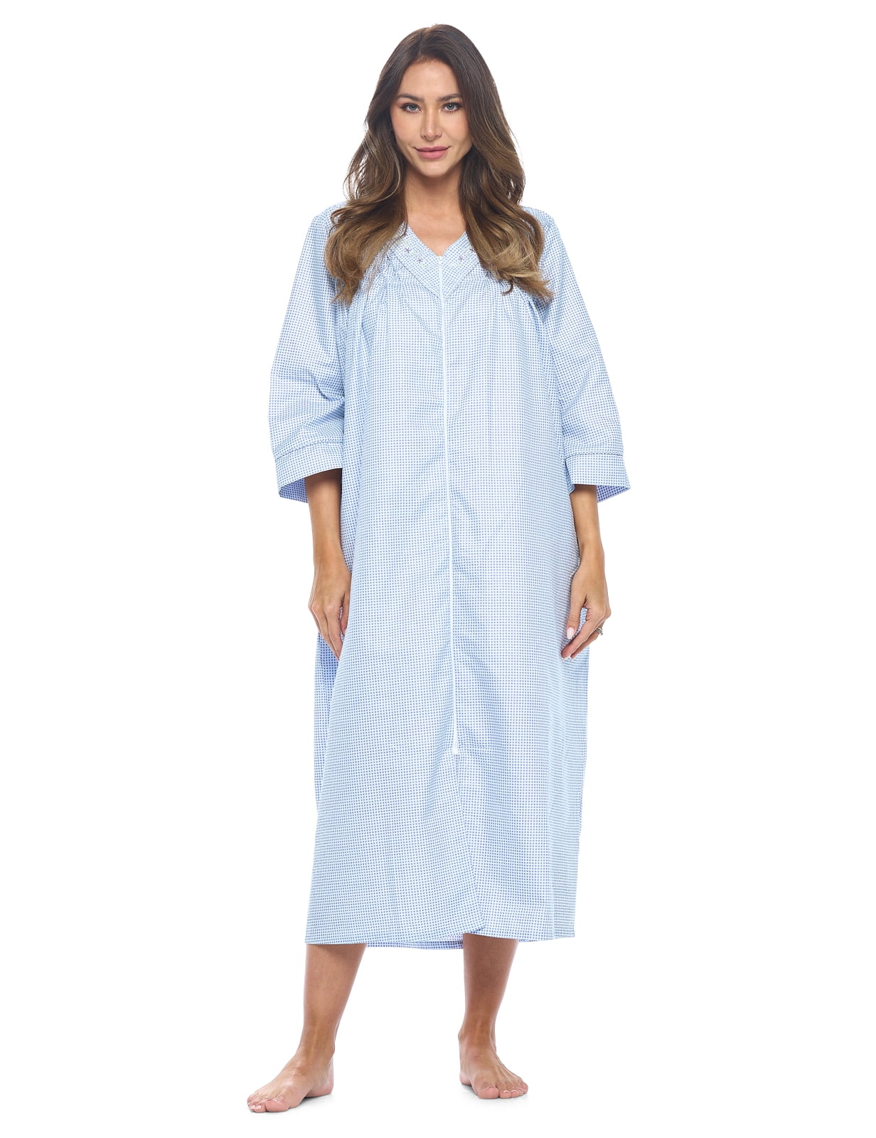 Casual Nights Women's Zip Front Woven House Dress 3/4 Sleeves