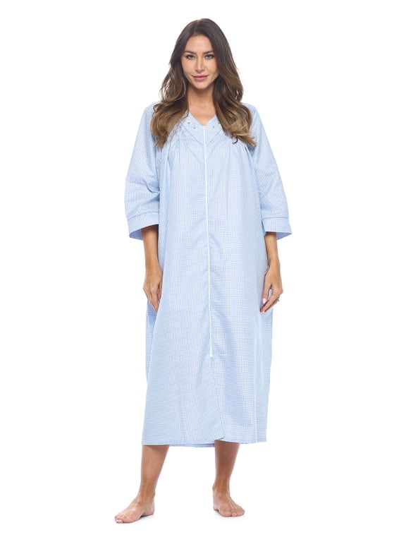 Women's Zip Front Woven House Dress | 3/4 Sleeves Housecoat Long Duster Lounger