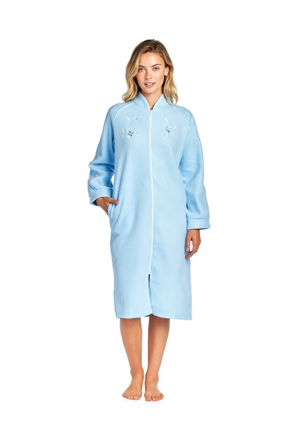 Women's Zip Up Front Long Fleece Robe House Dress