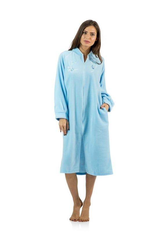 Women's Zip Up Front Long Fleece Robe House Dress