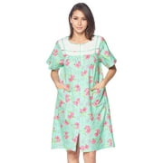 Casual Nights Women's Zipper Front House Dress Short Sleeves Embroidered Seersucker Housecoat Duster Lounger