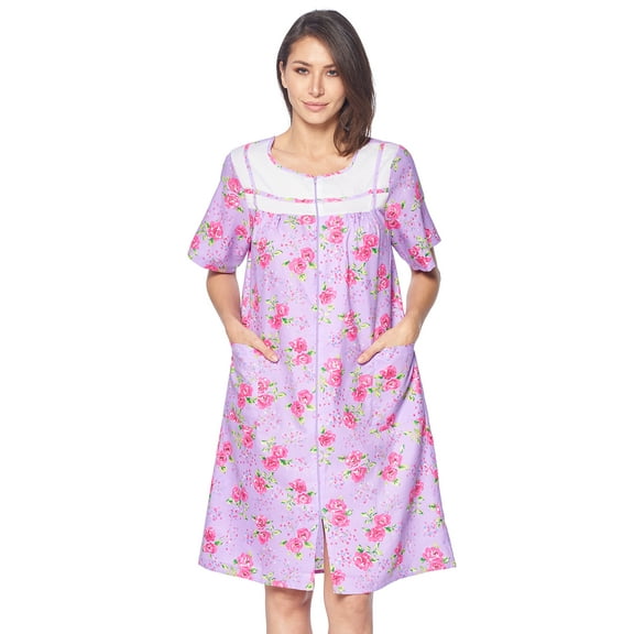 Casual Nights Women's Zipper Front House Dress Short Sleeves Embroidered Seersucker Housecoat Duster Lounger