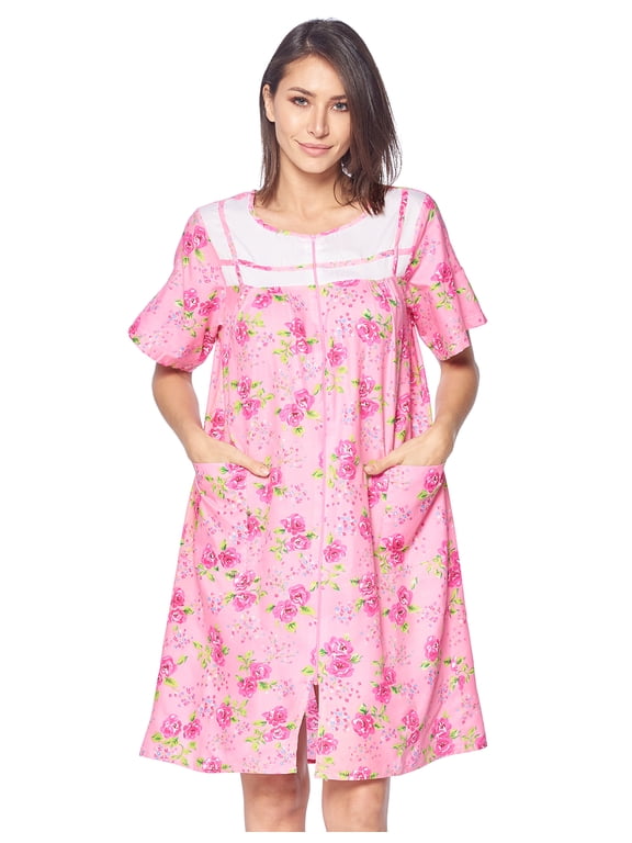 Women's Zipper Front House Dress Short Sleeves Embroidered Seersucker Housecoat Duster Lounger