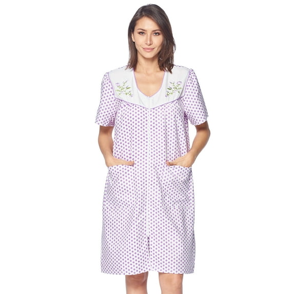 Casual Nights Women's Zipper Front House Dress Short Sleeves Embroidered Seersucker Housecoat Duster Lounger