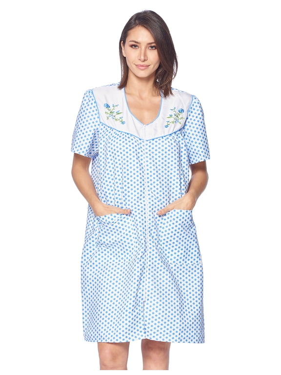 Women's Zipper Front House Dress Short Sleeves Embroidered Seersucker Housecoat Duster Lounger