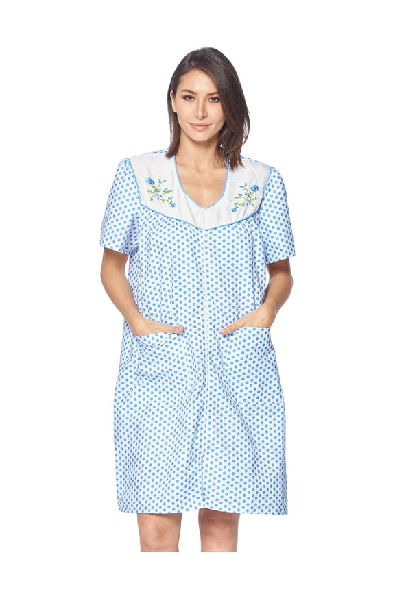 Women's Zipper Front House Dress Short Sleeves Embroidered Seersucker Housecoat Duster Lounger