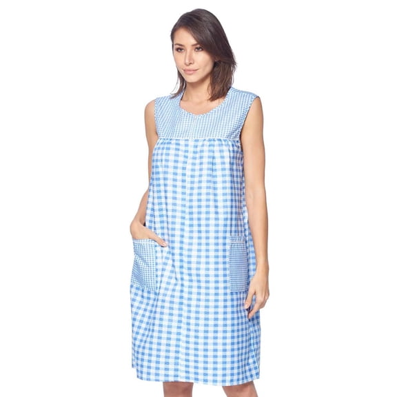Casual Nights Women's Sleeveless Seersucker Zip Front Housecoat, Cotton & Polyester Blend Duster with 2 Pockets, 40 Inch Length, Plaid Blue XXL