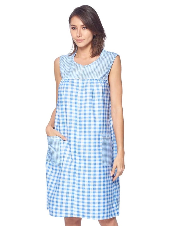 Women's Sleeveless Seersucker Zip Front Housecoat, Cotton & Polyester Blend Duster with 2 Pockets, 40 Inch Length, Plaid Blue XXL