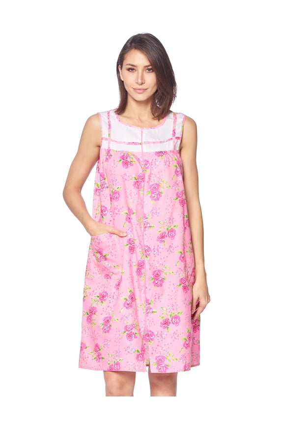 Women's Zipper Front House Dress Sleeveless Seersucker Housecoat Duster Lounger