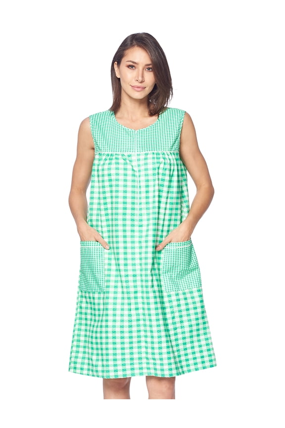 Women's Zipper Front House Dress Sleeveless Seersucker Housecoat Duster Lounger