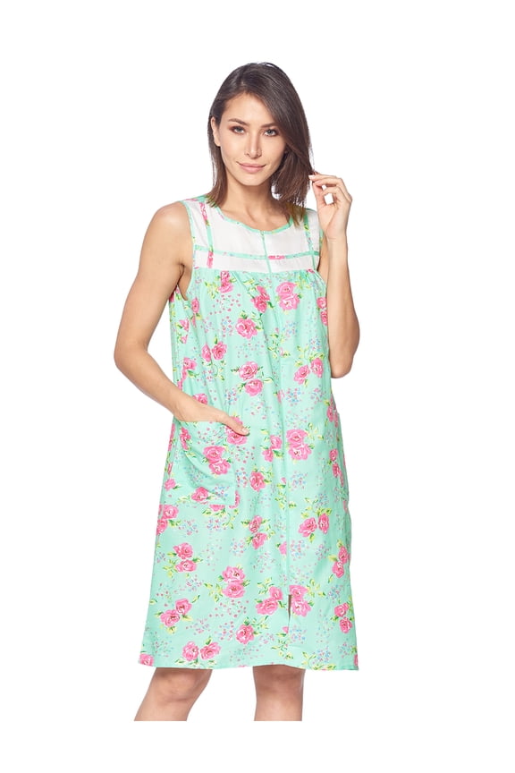 Women's Zipper Front House Dress Sleeveless Seersucker Housecoat Duster Lounger