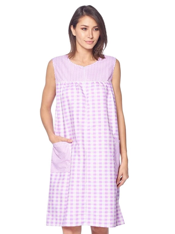 Women's Sleeveless Seersucker Zip Front Housecoat, Cotton & Polyester Blend Duster with 2 Pockets, 40 Inch Length, Plaid Purple XXL