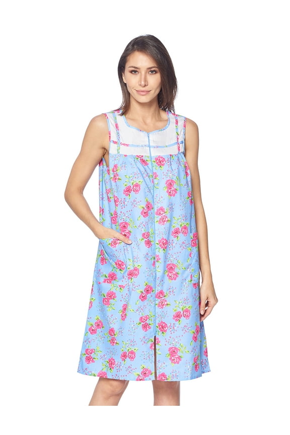 Women's Zipper Front House Dress Sleeveless Seersucker Housecoat Duster Lounger