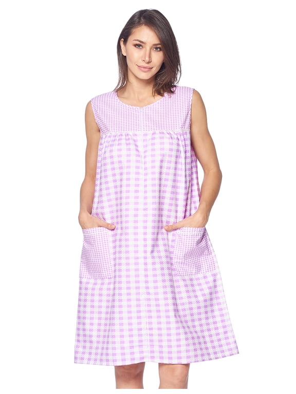 Women's Zipper Front House Dress Sleeveless Seersucker Housecoat Duster Lounger