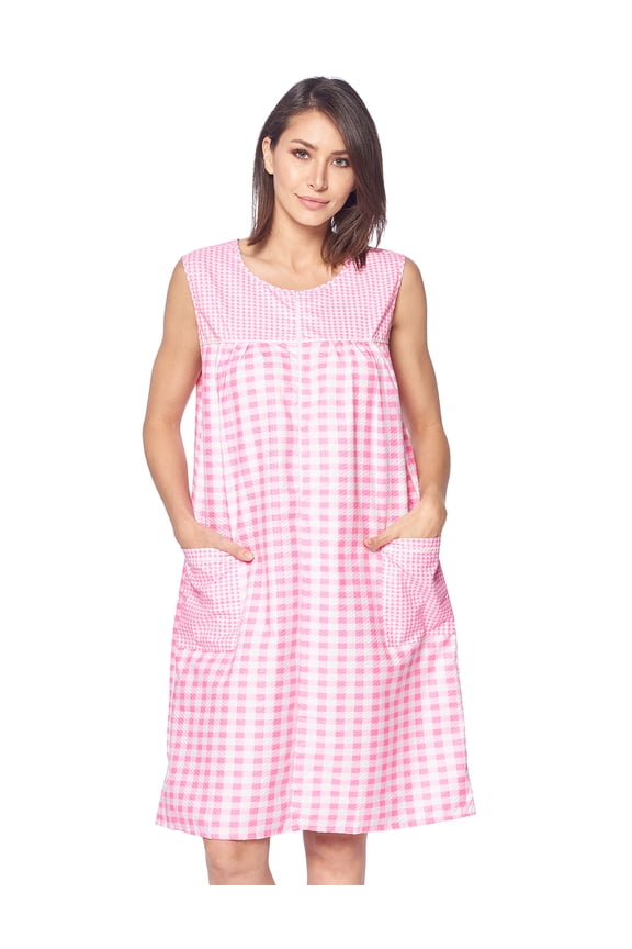Women's Zipper Front House Dress Sleeveless Seersucker Housecoat Duster Lounger