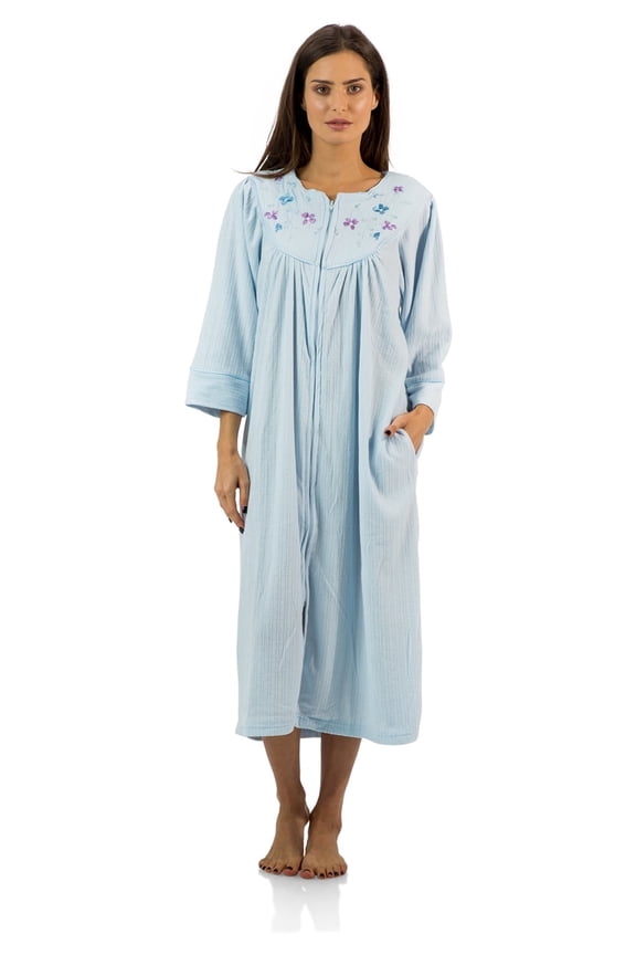 - Women's Jacquard Fleece Zip Front Robe, Duster For Ladies, 3/4 Sleeve Housecoat Duster with Pockets, 46 Inch Length, Blue Large