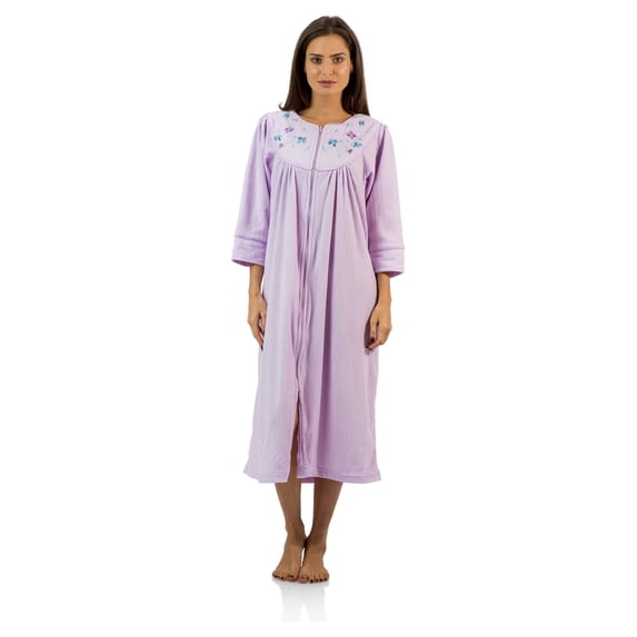 Casual Nights - Women's Jacquard Fleece Zip Front Robe, Duster For Ladies, 3/4 Sleeve Housecoat Duster with Pockets, 46 Inch Length, Purple Medium