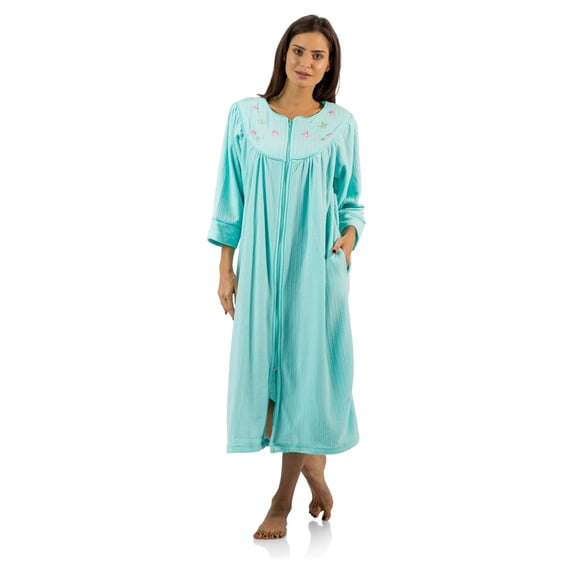 Casual Nights - Women's Jacquard Fleece Zip Front Robe, Duster For Ladies, 3/4 Sleeve Housecoat Duster with Pockets, 46 Inch Length, Green Small
