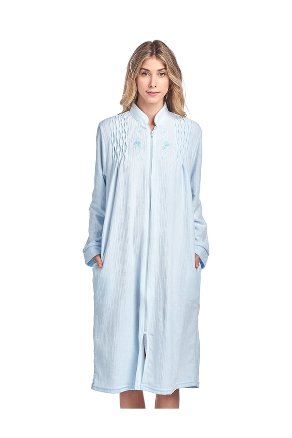 Women's Zipper Front Jacquard Terry Fleece Robe Duster - Blue - Large