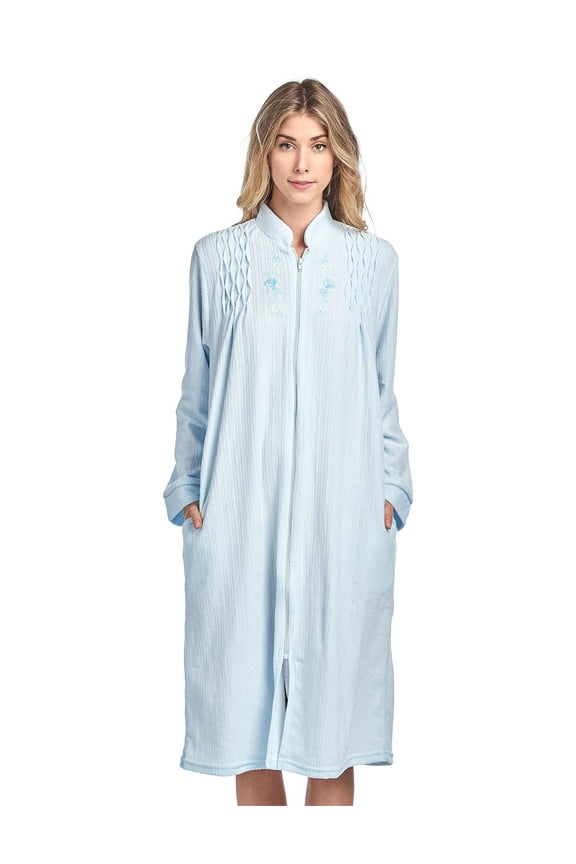 Women's Zipper Front Jacquard Terry Fleece Robe Duster - Blue - X-Large