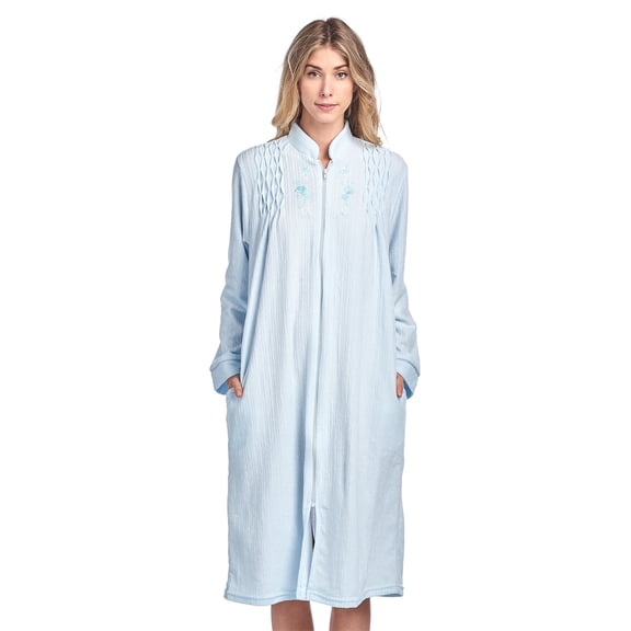 Casual Nights Women's Jacquard Fleece Zip Front Robe, Long Housecoat with Pockets, Mid-Calf Duster, Terry Poly Lounge Robe, Blue X-Large