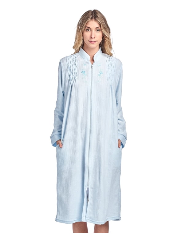 Women's Jacquard Fleece Zip Front Robe, Long Housecoat with Pockets, Mid-Calf Duster, Terry Poly Lounge Robe, Blue X-Large