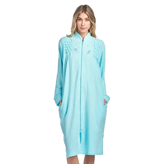 Casual Nights Women's Zipper Front Jacquard Terry Fleece Robe Duster - Green - Large