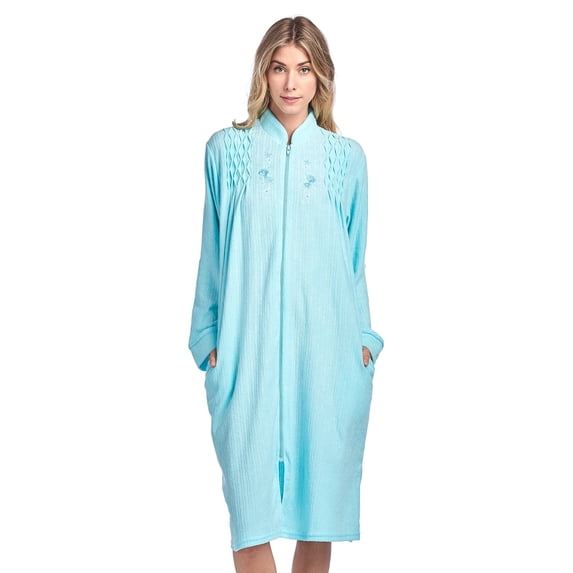 Casual Nights Women's Jacquard Fleece Zip Front Robe, Long Housecoat with Pockets, Mid-Calf Duster, Terry Poly Lounge Robe, Green Large