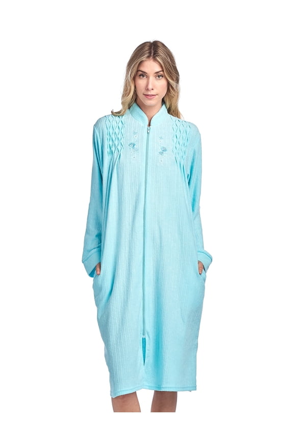 Women's Zipper Front Jacquard Terry Fleece Robe Duster - Light Blue - Small