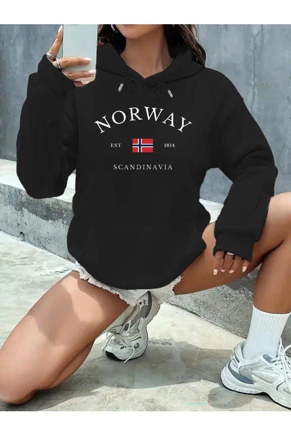 Casual Norway Est Scandinavia Print Black Pullover Hoodie Shirt for Men & Women, up to Size 5XL
