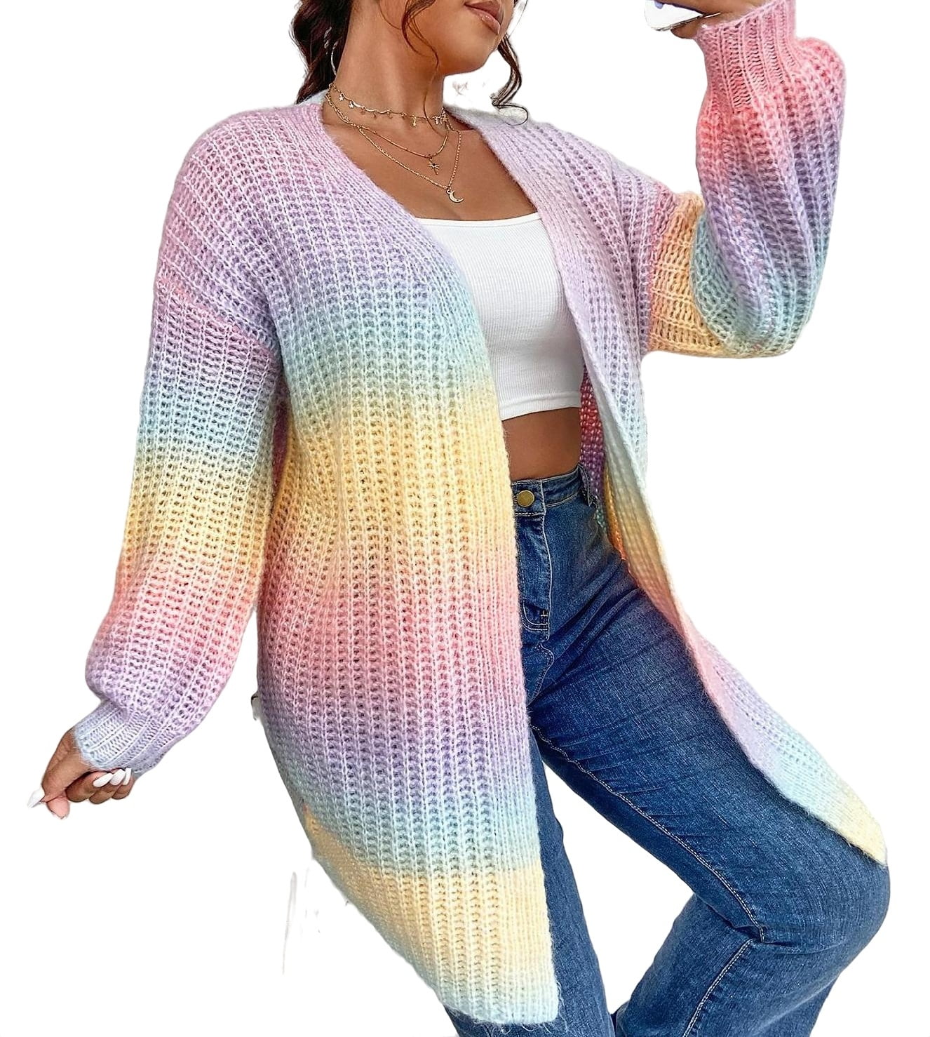 Pastel Rainbow Rainbow Cardigan Plus Size Casual Ombre Cardigan