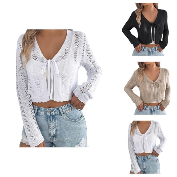 Casual Open Front Women's Cardigan Long Sleeve Teacher Outfit Cardigans Knit Lace Up Boho Cover Lightweight Comfortable Loungewear For Daily Wear Vacation Outfits