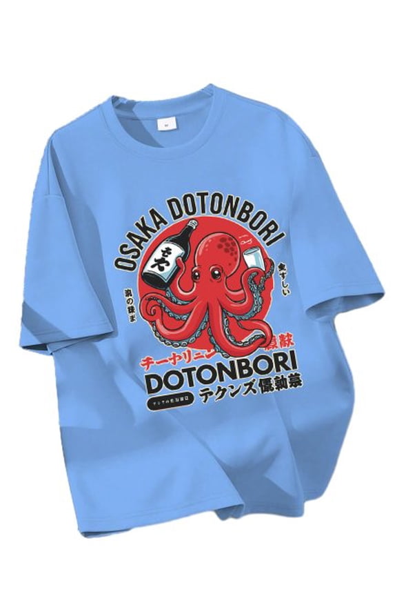 Casual Osaka Dotonbori Octopus Pattern Round Neck T-Shirt for Tween Boys, Perfect for Summer