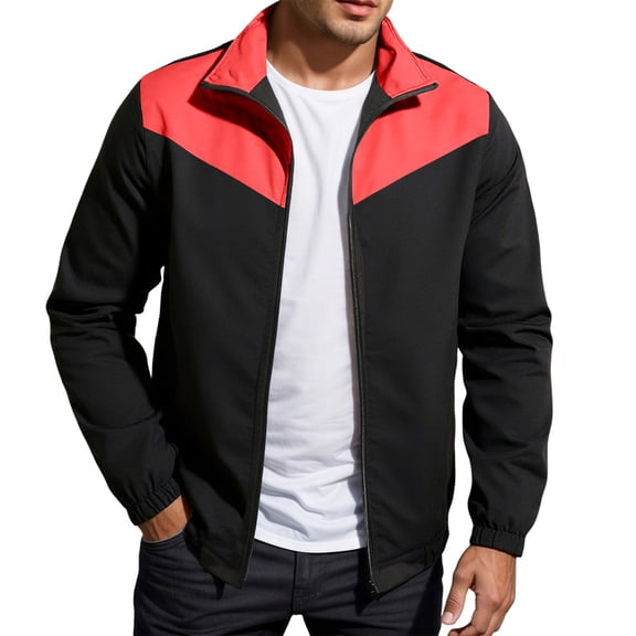 Casual Outerwear Men's Two Tone Long Sleeve Jacket with Contrast Panel for Office Days and Casual Outings Mens Windbreaker Red XL