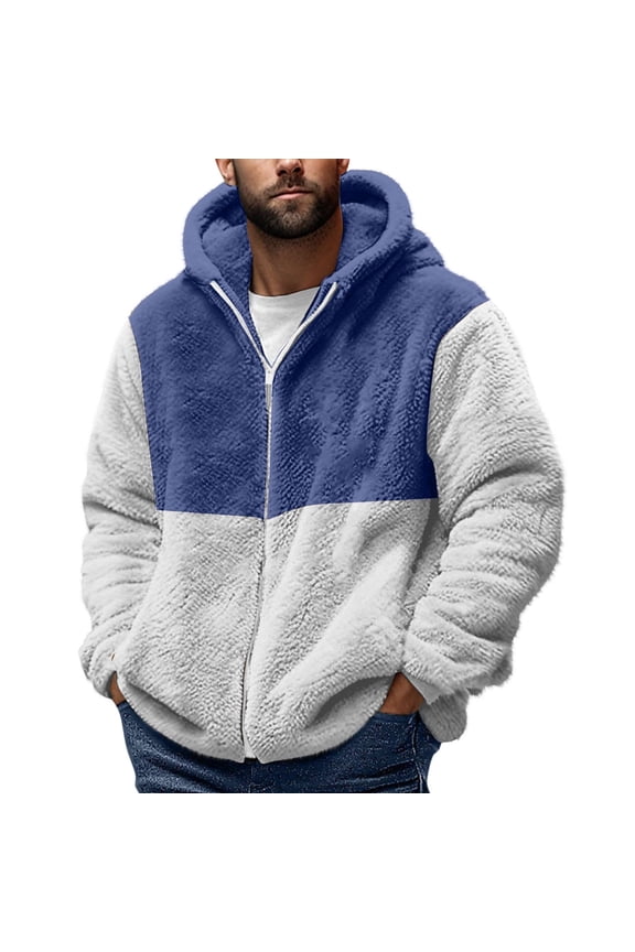 Casual Outerwear for Men New Mens Fleece Lined Jacket Cozy Colorblock Long Sleeve Full Zip up Hoodies Warm Fall Winter Hooded Coat Blue 5XL