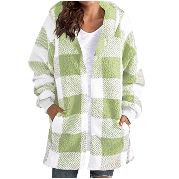 Casual Outerwear for Women New Plaid Jacket for Women Casual Comfy Open Front Hooded Fleece Coat Winter Oversized Cardigan with Pockets Green L