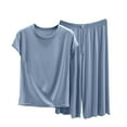 thumbnail image 1 of Casual Outfits for Women 2 Piece Sets Capris Sets 2 Piece Outfits Summer Casual Loose Fitting Short Sleeve Tops and Wide Leg Capris Pants Pajama Sets Light Blue XXL, 1 of 3