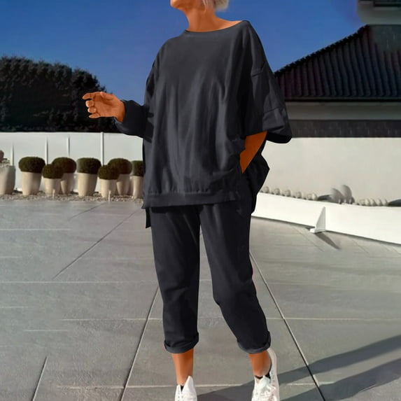 Casual Outfits for Women New Casual Sets for Women Fall Travel Outfits Sweatsuit 2 Piece Set Crewneck Sweatshirt and Sweatpants Suit Black XL