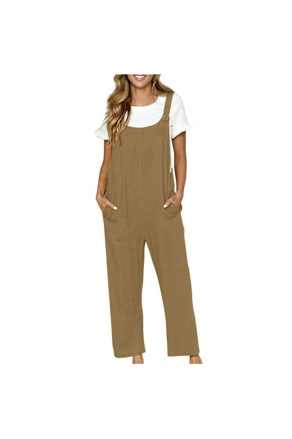 Casual Overalls For Womens Cotton And Linen Loose Dungarees Bib Pants with Pockets 2023 Summer Sleeveless Dressy Jumpsuits Spaghetti Strap Long Pants Khaki L