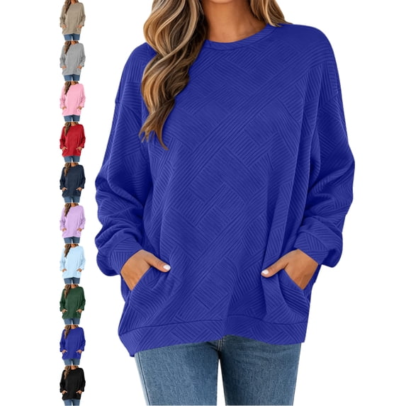 Casual Oversized Top for Women Crewneck Long Sleeve Textured Pullover Sweatshirt with Pockets