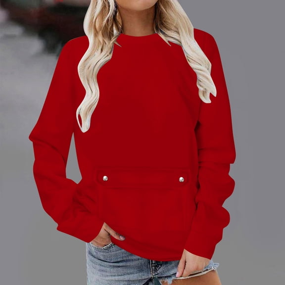 Casual Oversized Tops for Women New Oversized Casual Sweatshirts for Women Long Sleeve Crewneck Pullover Tops Fall Comfy Outfits with Pocket Red M